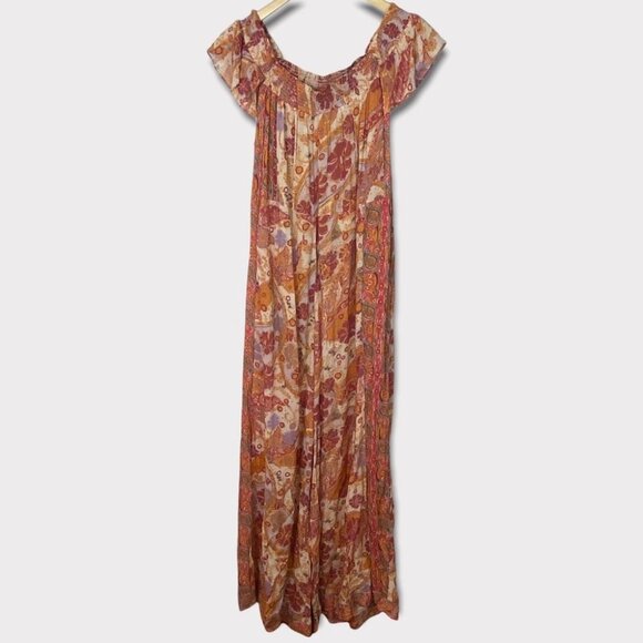 Free People Bohemian Wide Leg Orange Yellow Floral Jumpsuit Carmen Smock XS Boho - Picture 6 of 15